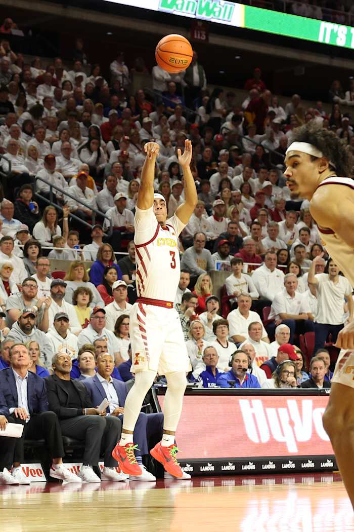 Feb 4, 2023; Ames, Iowa, USA; Iowa State Cyclones guard Tamin Lipsey (3) shoots the ball against the Kansas Jayhawks at James H. Hilton Coliseum. Mandatory Credit: Reese Strickland-USA TODAY Sports